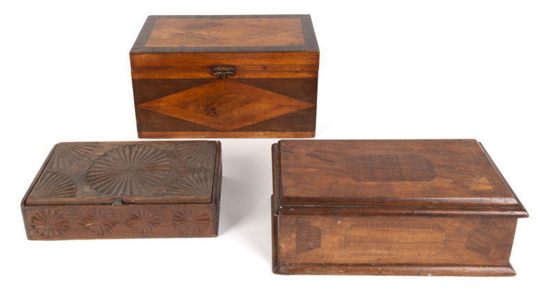 Three Australian timber boxes, blackwood, cedar, Tasmanian oak, Queensland walnut and others, 19th and 20th century, the largest 15cm high, 27cm wide, 15cm deep