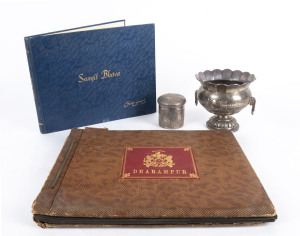 Maharajah Saheb of Dharampur official photo album with captions together with book "Sangit Bhava" by Maharana Vijayadevji of Dharampur and signed by the author [Bombay, 1934], along with two bits of Indian silver