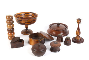 Ten pieces of Australian treen and wood ware, 19th and 20th century, including a rare blackwood tobacco box, Shott & Son condiments and Tasmanian silver map items, the tallest 21cm