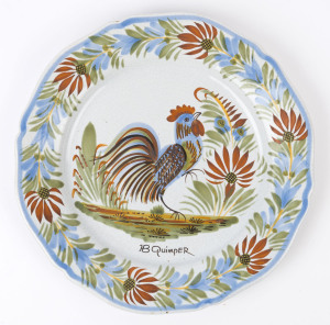 QUIMPER French tin glazed earthenware plate with rooster decoration, 20th century, ​25cm diameter