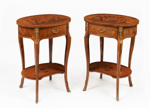 A pair of French reproduction oval bedside tables, marquetry decoration with ormolu mounts, 20th century, 72cm high, 53cm wide, 42cm deep