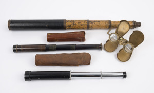 Assorted telescopes, 2 of pocket size with leather carrying cases, one four drawer card tube telescope, together with a vintage pair of brass opera glasses, (4 items), the largest 27cm when closed