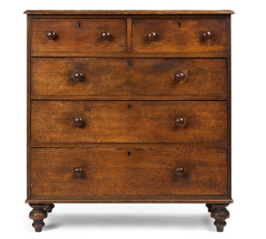 An antique English elm chest of five drawers, 19th century, 113cm high, 105cm wide, 51cm deep