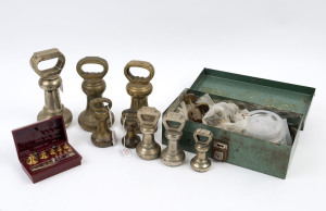 Assorted antique and vintage weights including bell weights and a set of "N.G. Brown" Melbourne cased scientific weights and a mixed lot of graduated weights, (Qty. approx. 60 items)