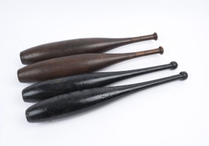 Two pairs of vintage calisthenics clubs, one pair with ebonised polished finish, the second pair in mahogany, early 20th century, (4 items), 60cm high