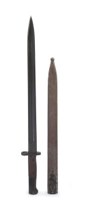 An early 20th century military bayonet with steel and hard wood handle and steel scabbard with ball tip finial, 53.5 cm long