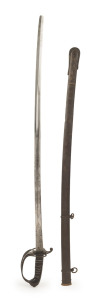A fine English military sword with finely decorated and etched polished steel blade marked "Reeves and Co, Manufacturers Toledo Works, Charlotte St. Birmingham" with Victoria Regina Royal cypher, leather and steel braid grip and decorative steel guard hil