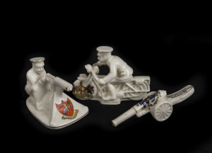 Three WW1 period souvenir porcelain ornaments comprising a cannon, Vickers machine gunner, and a motorcyclist, circa 1918, stamped "Arcadian China", and "Carlton Ware", the largest 11cm long