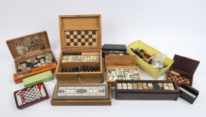 DOMINOES, PLAYING CARDS, CHESS & GAMES. An impressive array including whalebone and ebony dominoes, fine travelling games box, miniature chess, novelty playing cards etc, 19th and 20th century.