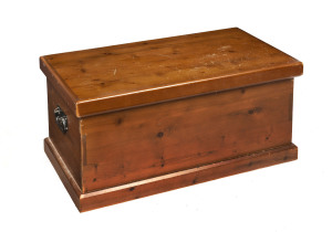 A stained pine blanket box with painted steel carrying handles, 20th century, ​43cm high, 96cm wide, 53cm deep