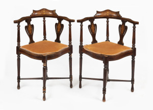 A pair of Sheraton Revival corner chairs, mahogany and marquetry inlay, circa 1900, ​78cm high, 57cm wide, 56cm deep