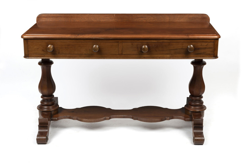 An antique mahogany side table with shaped stretcher platform base, 19th century, ​71cm high, 119cm wide, 49cm deep