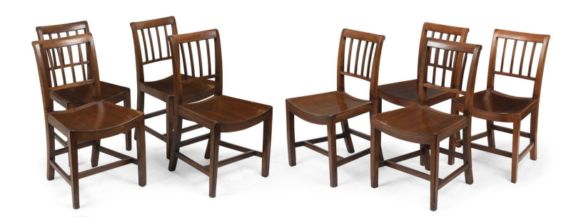 A set of six Georgian mahogany dining chairs, circa 1800. Together with a pair of matching reproduction chairs. (8 chairs total)