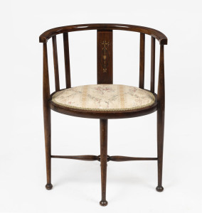 A Sheraton Revival ladies oval parlour chair, inlaid mahogany, early 20th century, with Buckley & Nunn retailers stamp to underside, 70cm high, 53cm across the arms, 40cm deep