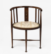 A Sheraton Revival ladies oval parlour chair, inlaid mahogany, early 20th century, with Buckley & Nunn retailers stamp to underside, 70cm high, 53cm across the arms, 40cm deep