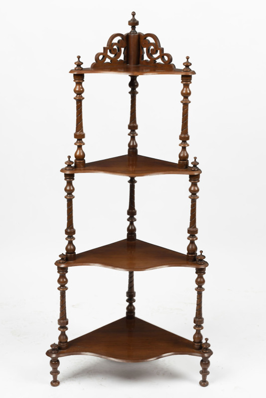 An antique timber four tier corner wotnot, circa 1885, ​124cm high, 58cm wide, 35cm deep