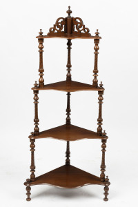 An antique timber four tier corner wotnot, circa 1885, 124cm high, 58cm wide, 35cm deep