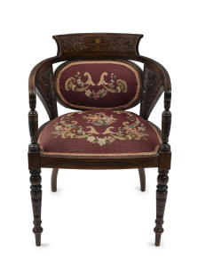 An antique English parlour chair, carved rosewood with marquetry inlay back and burgundy floral upholstery, circa 1900, ​54cm across the arms
