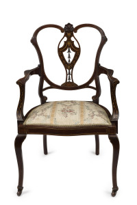 An antique English mahogany parlour chair with fine marquetry inlay and brocade floral silk upholstery, circa 1900, ​57cm across the arms