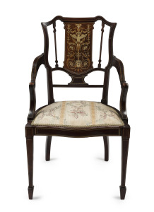 A fine antique English mahogany parlour chair with stunning marquetry inlaid back, circa 1900, ​52cm across the arms