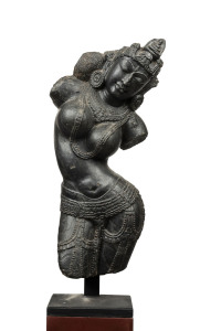 APSARA Indian carved black stone statue, East Bengal, circa 15th century. 76cm high. PROVENANCE: Collection of the late Barrie Heaven and Judith Heaven, South Australia.