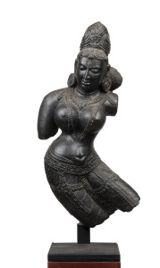 APSARA Indian carved black stone statue, East Bengal, circa 15th century. 77cm high. PROVENANCE: Collection of the late Barrie Heaven and Judith Heaven, South Australia.