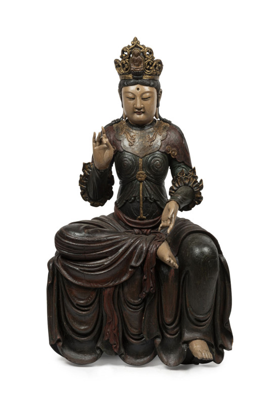 GUANYIN antique Chinese "Water Moon" seated statue, carved wood with polychrome finish and inset glass eyes, Ming Dynasty, Wan-Li period 16/17th century, 123cm high. PROVENANCE: The Judith Heaven an the late Barrie Heaven collection, South Australia.