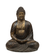 An antique Chinese cast bronze seated Buddha statue, late Qing Dynasty, circa 1900, 102cm high. PROVENANCE: The Judith Heaven an the late Barrie Heaven collection, South Australia.