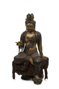 GUANYIN antique Chinese statue seated on a tree stump, carved wood with polychrome finish and insert glass eyes, Ming Dynasty, Wan-Li period 16/17th century, ​121cm high. PROVENANCE: The Judith Heaven an the late Barrie Heaven collection, South Australia.