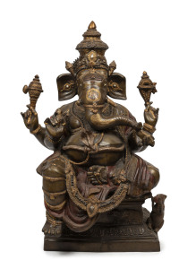 An impressive Indian Ganesh statue, cast and patinated bronze with gilt highlights, 19th/20th century. 104cm high. PROVENANCE: Collection of the late Barrie Heaven and Judith Heaven, South Australia.