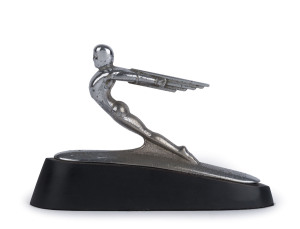 A vintage car mascot, cast metal with chrome finish on a later ebonized timber base, circa 1930, ​14cm high, 21cm long