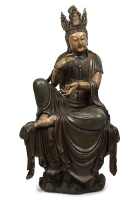 GUANYIN antique Chinese Bodhisattva seated statue, carved wood with polychrome finish and inset glass eyes, Ming dynasty Wan-Li period 16/17th century. 130cm high. PROVENANCE: The Judith Heaven an the late Barrie Heaven collection, South Australia.