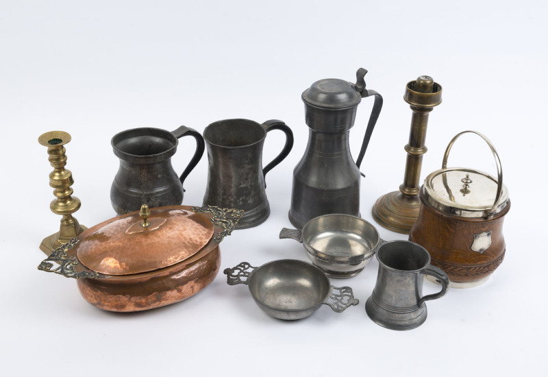 Antique biscuit barrel, brass candlesticks, copper tureen, tankards, and pewter ale jug, 19th and 20th century, (9 items)), the larger candlestick 27cm high