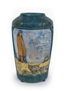 AMPHORA pottery vase with shepherd landscape scene in high relief, circa 1925, oval factory stamp "Amphora, Made In Czecho-Slovakia", ​33.5cm high