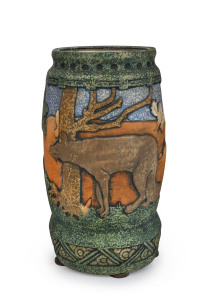 AMPHORA pottery vase with wolf and duck in landscape, executed in high relief, circa 1925, oval factory stamp "Amphora, Made In Czecho-Slovakia", 27cm high