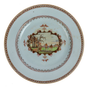 Antique Chinese export ware plate with enamel finished European scene cartouche, early 18th century, 23cm diameter