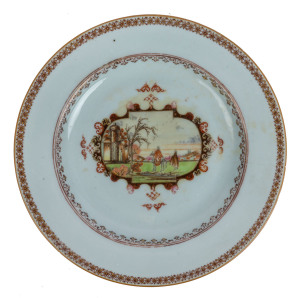 Antique Chinese export ware plate with enamel finished European scene cartouche, early 18th century, ​23cm diameter