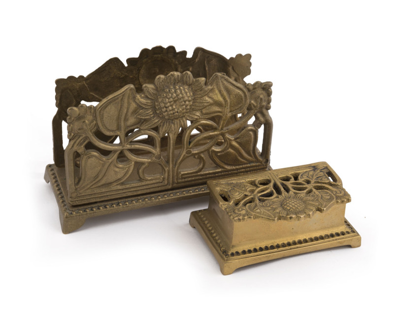 Antique English letter tidy and stamp box, gilt metal with sunflower motif, late 19th century, (2 items), ​the tidy 9cm high, 13cm wide, 5.5cm deep