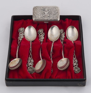 Boxed set of six silver teaspoons and a Siamese silver box, 20th century, (2 items), ​the box 5cm wide, 60 grams total