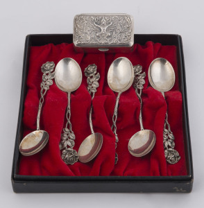 Boxed set of six silver teaspoons and a Siamese silver box, 20th century, (2 items), the box 5cm wide, 60 grams total