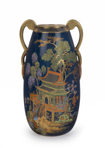 CARLTON WARE "Pagoda" Bleu Royale English porcelain vase, circa 1930, black factory mark to base as well as original paper label, 21cm high