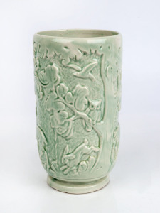 English Art Deco porcelain vase with sage green glaze, circa 1935, ​25cm high