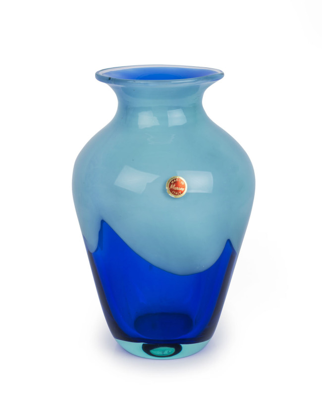 SEGUSO VIRO blue and pale blue cased Murano glass vase, engraved "Seguso, Viro, Murano", with original foil label "Murano, Made In Italy", ​25cm high