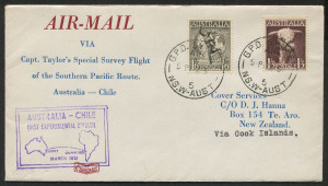 AUSTRALIA: Aerophilately & Flight Covers: 14 March 1951 (AAMC.1271d) Australia - Cook Islands flown cover, carried by Captain P.G. Taylor on his Special Survey Flight from Australia to Chile in his Catalina "Frigate Bird II"; backstamped AITUTAKI. Cat.$20