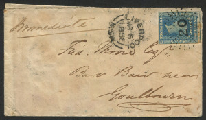NEW SOUTH WALES - Postal History: 1858 (Mar 6) small cover to Goulburn with 2d Small Diadems tied by very fine Rays '20' cancel , fine LIVERPOOL 'MR6/1858' datestamp alongside, CAMPBELLTOWN transit & GOULBURN arrival backstamps, torn flap and a tad soiled, otherwise quite fine.