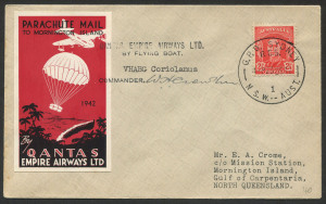 AUSTRALIA: Aerophilately & Flight Covers: 23 December 1942 (AAMC.950) Sydney - Mornington Island Christmas parachute mail flown cover, with special vignette, QANTAS violet handstamp and signed by the pilot, W.H. Crowther; also signed verso by R.E. Braunholz, the Missionary in Charge. Superb.