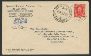 AUSTRALIA: Aerophilately & Flight Covers: 4 October 1945 (AAMC.1009) Sydney - Singapore flown cover, carried aboard QANTAS Coriolanus and signed by the captain, K. G. Caldwell. This was a development flight prior to the re-opening of the civil air service to Singapore after the defeat of Japan. Singapore (8/10) arrival backstamp.
