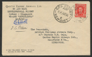 AUSTRALIA: Aerophilately & Flight Covers: 4 October 1945 (AAMC.1009) Sydney - Singapore flown cover, carried aboard QANTAS Coriolanus and signed by the captain, K. G. Caldwell. This was a development flight prior to the re-opening of the civil air service