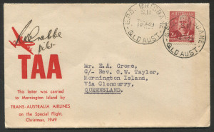 AUSTRALIA: Aerophilately & Flight Covers: 19 December 1949 (AAMC.1234) Brisbane - Mornington Island Christmas mail, cover carried by TAA and signed by the pilot, R.K. Crabbe. The original enclosure, a letter from L.J. Brain of TAA, accompanies the cover, which is signed and dated, verso, by G.W. Taylor, the Missionary in Charge. (2 items).