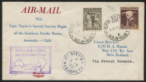 AUSTRALIA: Aerophilately & Flight Covers: 14 March 1951 (AAMC.1271e) Australia - French Polynesia flown cover, carried by Captain P.G. Taylor on his Special Survey Flight from Australia to Chile in his Catalina "Frigate Bird II"; RIKITEA arrival cds on front. Cat.$250.